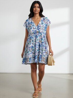 Entro NWT Blue Floral Mini Dress V-Neck Cotton Fall Dress Pockets Sz L